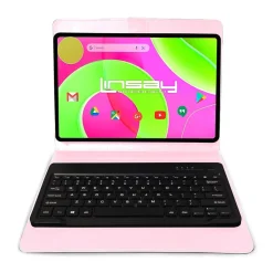LINSAY 12" Octa Core Tablet, 8GB RAM, 256GB Storage, Android 14, Bundled with Pink Style Keyboard with App Pack
