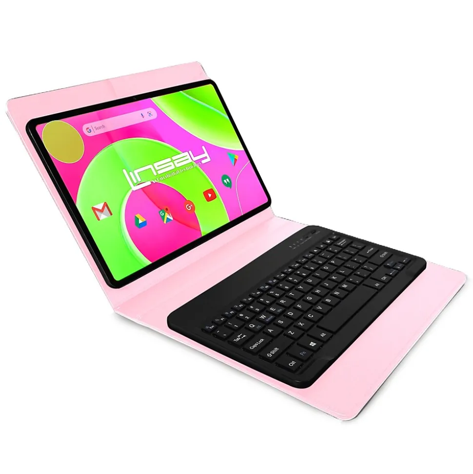 LINSAY 12" Octa Core Tablet, 8GB RAM, 256GB Storage, Android 14, Bundled with Pink Style Keyboard with App Pack