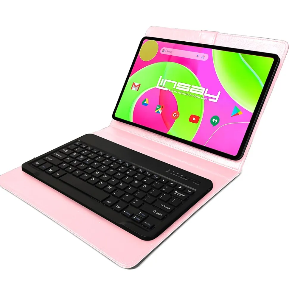 LINSAY 12" Octa Core Tablet, 8GB RAM, 256GB Storage, Android 14, Bundled with Pink Style Keyboard with App Pack