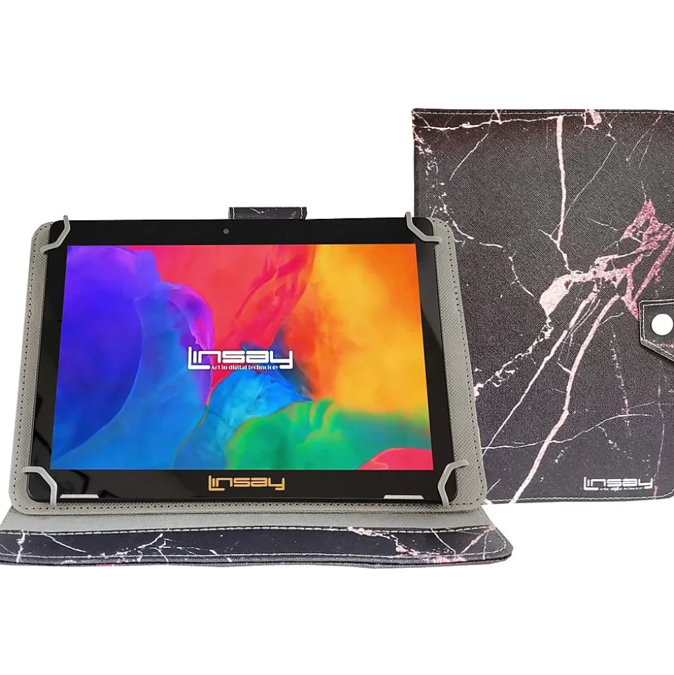Linsay 10.1" Tablet with Case, WiFi, 2GB RAM, 64GB Storage, Android 13, Black with Black/Pink Marble (F10IPBAPI)