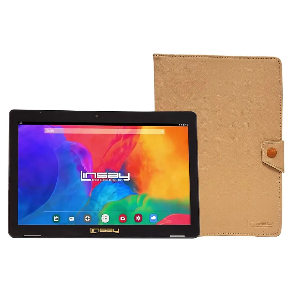 Linsay 10.1" Tablet with Case, WiFi, 2GB RAM, 64GB Storage, Android 13, Black/Light Brown (F10IPBCLBROWN)