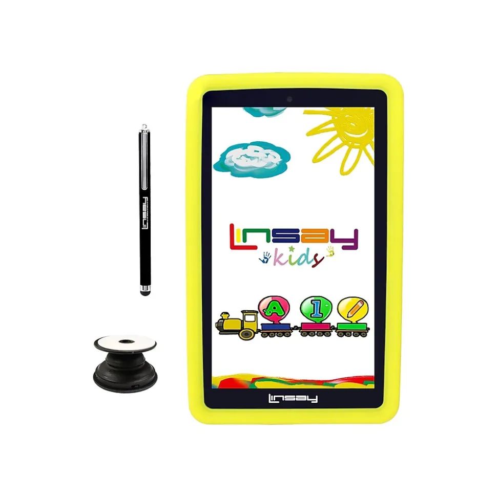 Linsay 7" Tablet with Pop-Up Holder, Stylus & Yellow Kids' Defender Case, WiFi, 2GB RAM, 64GB Storage, Android 13 (F7UHDKIDSP)