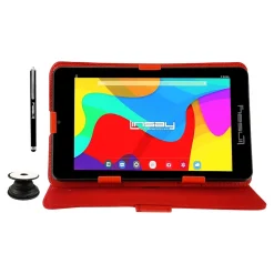 Linsay 7" Tablet with Pop-Up Holder, Stylus & Red Leather Case, WiFi, 2GB RAM, 64GB Storage, Android 13 (F7UHDCRP)