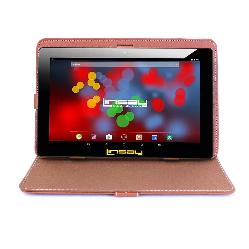 Linsay F10 Series 10.1" Tablet with Brown Leather Case, WiFi, 2GB RAM, 64GB Storage, Android 13 (F10XIPSBCLBROWN)