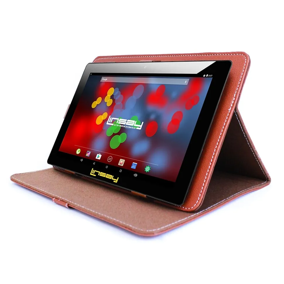 Linsay F10 Series 10.1" Tablet with Brown Leather Case, WiFi, 2GB RAM, 64GB Storage, Android 13 (F10XIPSBCLBROWN)
