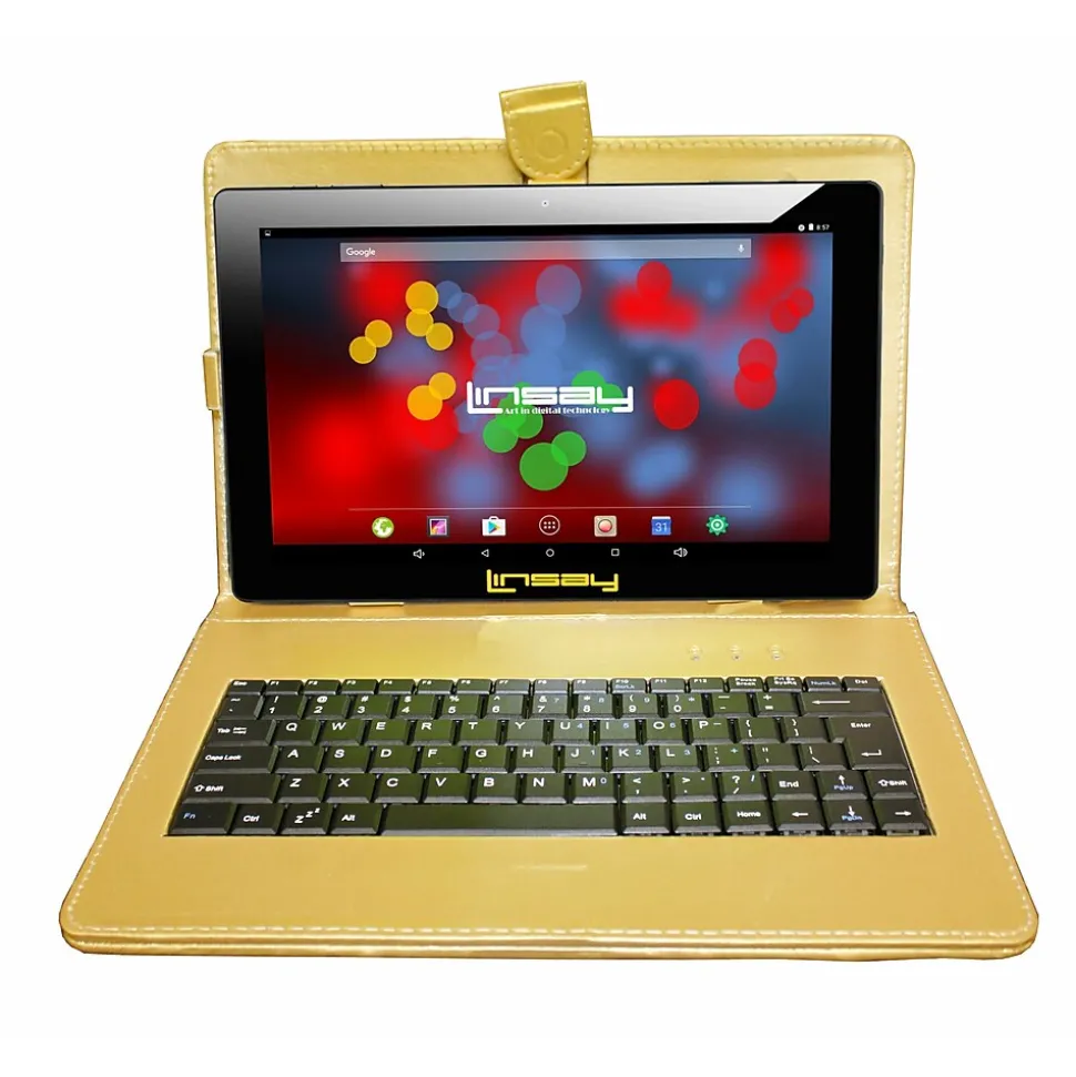 LINSAY F10 Series 10.1" Tablet, WiFi, 2GB RAM, 64GB Storage, Android 13, Black w/Golden Keyboard (F10XIPSBDG)