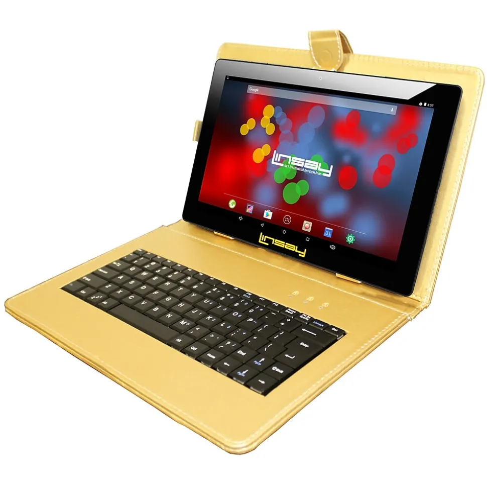 LINSAY F10 Series 10.1" Tablet, WiFi, 2GB RAM, 64GB Storage, Android 13, Black w/Golden Keyboard (F10XIPSBDG)