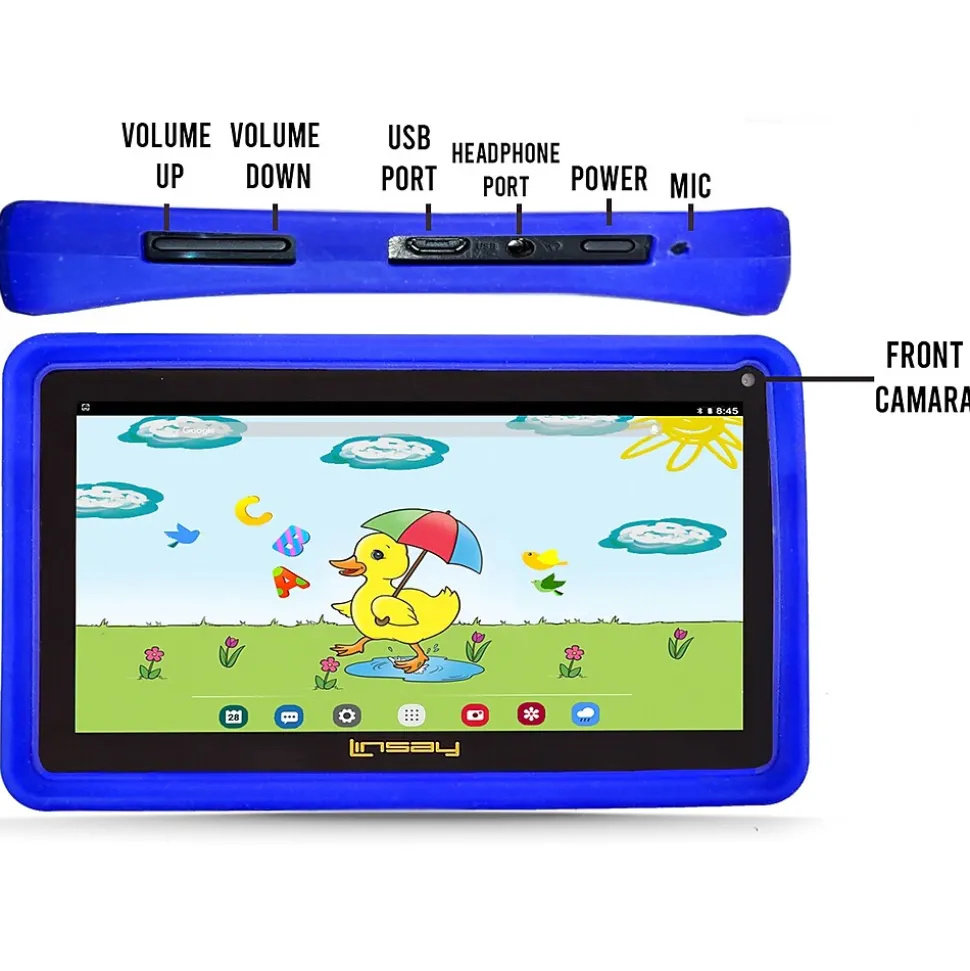 Linsay Kids' 7" Tablet with Case, Kids' Bag, and microSD Card, Wi-Fi, 2 GB RAM, 64GB, Android 13, Blue (F7UHDKIDSBBSD)