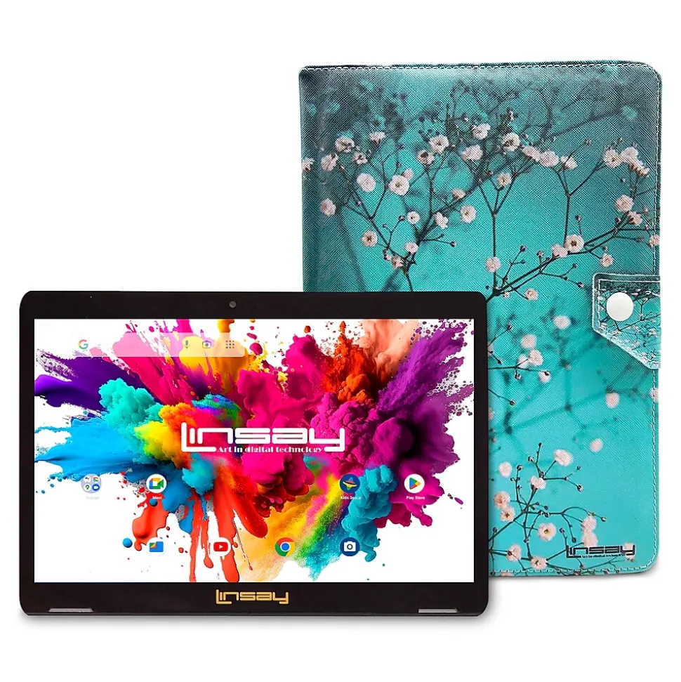 Linsay Octa Core 10.1" Tablet, 4GB RAM, 128GB Storage, Android 13, Bundled with Flowers Marble Case and Stylus Pen