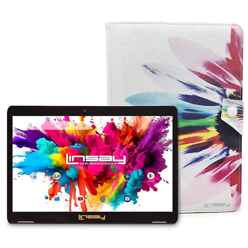 Linsay Octa Core 10.1" Tablet, 4GB RAM, 128GB Storage, Android 13, Bundled with Rainbow Marble Case and Stylus Pen