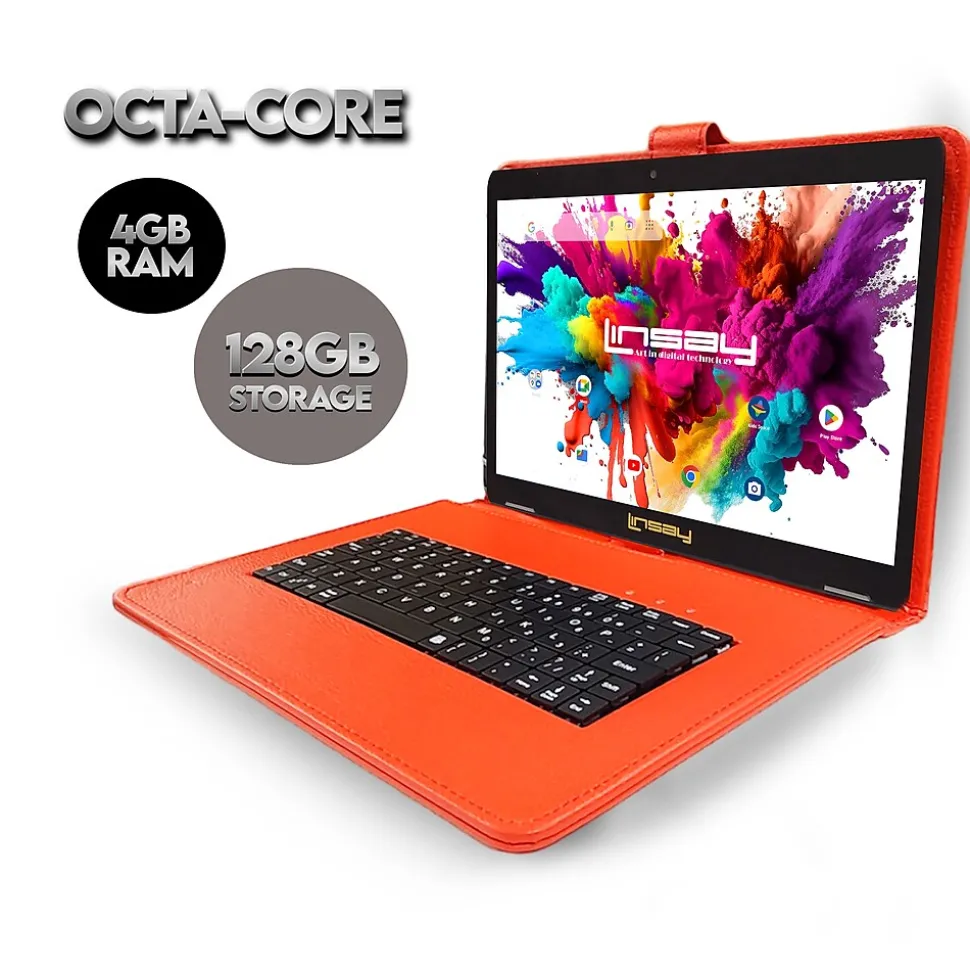 Linsay Octa Core 10.1" Tablet, 4GB RAM, 128GB Storage, Android 13, Bundled with Red Keyboard, Stylus Pen and Application Pack