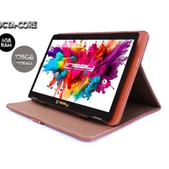 Linsay Octa Core 10.1" Tablet, 4GB RAM, 128GB Storage, Android 13, Bundled with Brown Leather Case and Stylus Pen