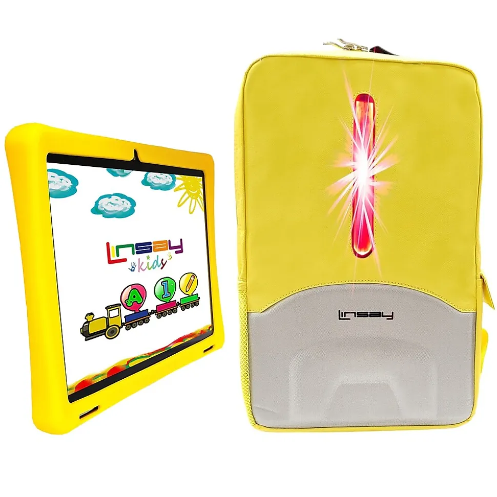 Linsay Octa Core 10.1" Tablet, 4GB RAM, 128GB Storage, Android 13, Bundled with Yellow Kids Case, Earphones, LED Backpack