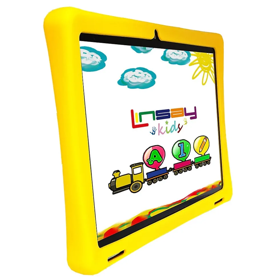 Linsay Octa Core 10.1" Tablet, 4GB RAM, 128GB Storage, Android 13, Bundled with Yellow Kids Case, Earphones, LED Backpack