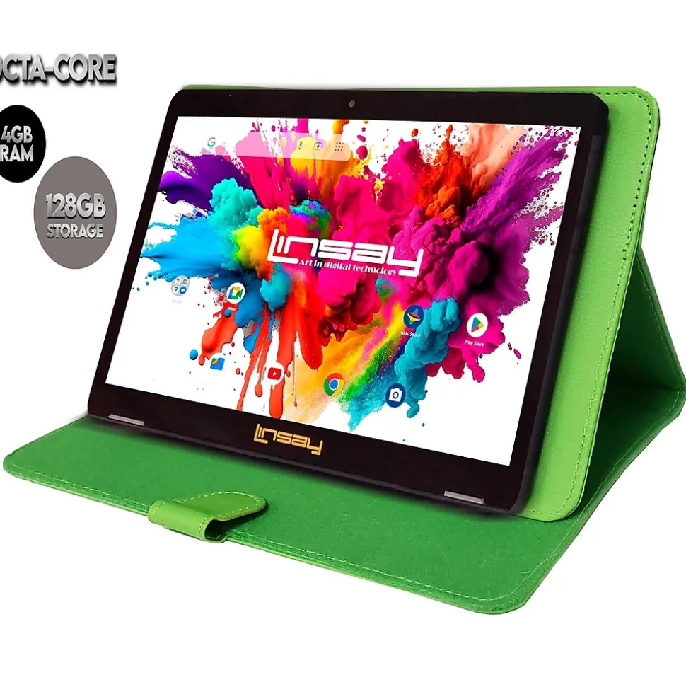 Linsay Octa Core 10.1" Tablet, 4GB RAM, 128GB Storage, Android 13, Bundled with Green Leather Case and Stylus Pen