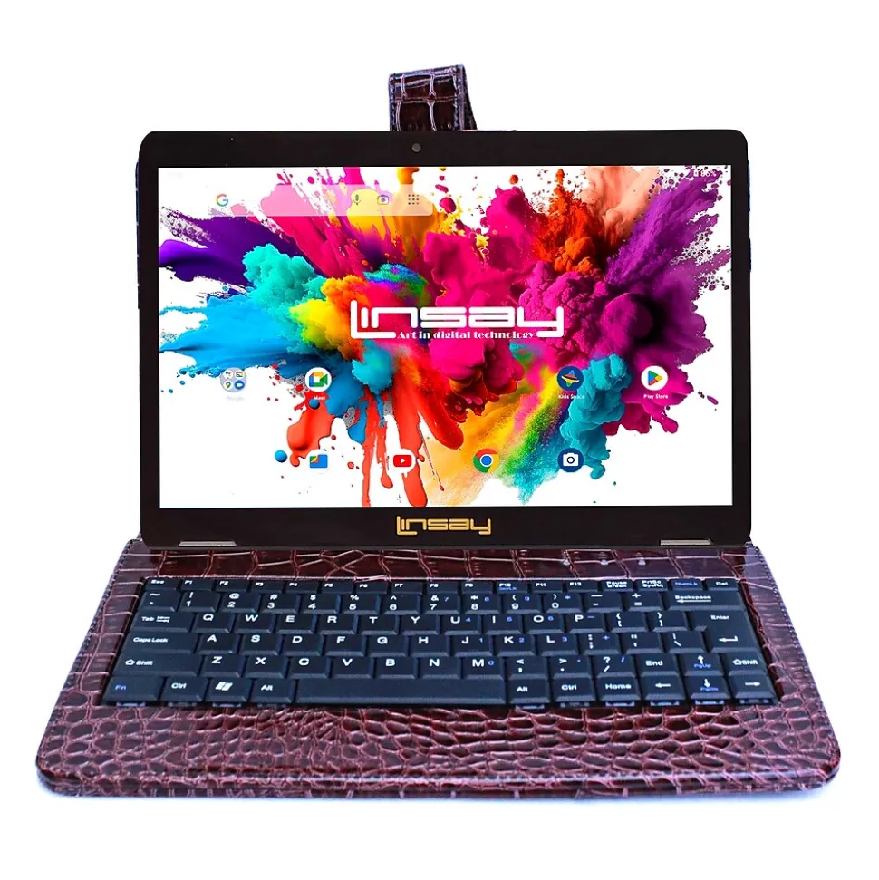 Linsay Octa Core 10.1" Tablet, 4GB RAM, 128GB Storage, Android 13, Bundled with Brown Crocodile Keyboard and Stylus Pen