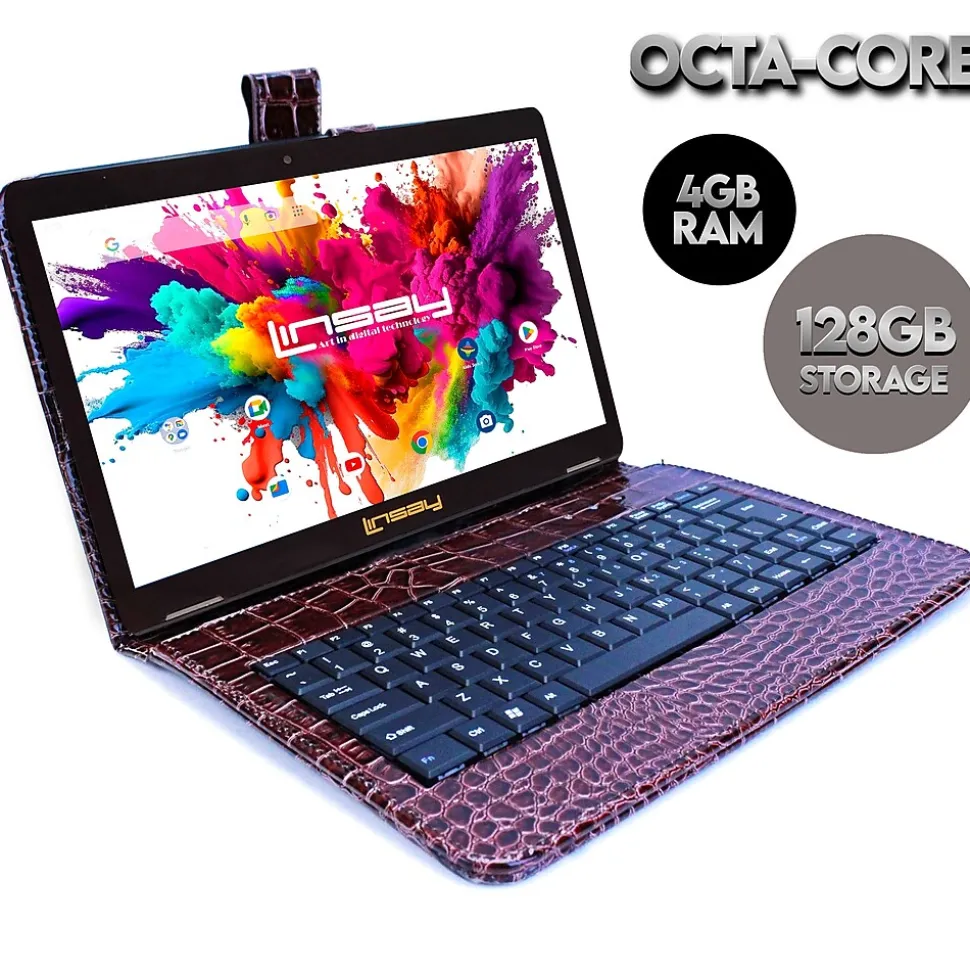 Linsay Octa Core 10.1" Tablet, 4GB RAM, 128GB Storage, Android 13, Bundled with Brown Crocodile Keyboard and Stylus Pen
