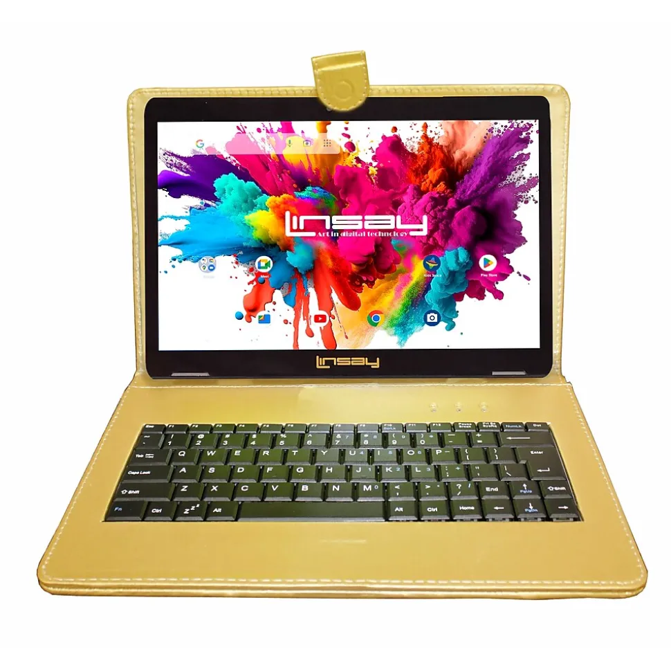 Linsay Octa Core 10.1" Tablet, 4GB RAM, 128GB Storage, Android 13, Bundled with Golden Keyboard and Stylus Pen