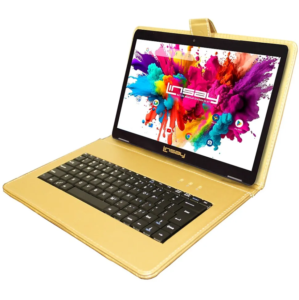 Linsay Octa Core 10.1" Tablet, 4GB RAM, 128GB Storage, Android 13, Bundled with Golden Keyboard and Stylus Pen