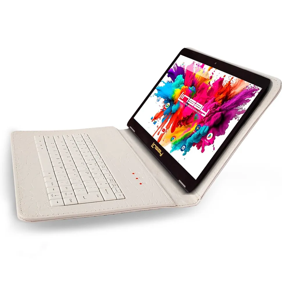 LINSAY 10.1"Octa Core Tablet, WiFi, 128GB, Andriod, White Crocodile Style Keyboard
