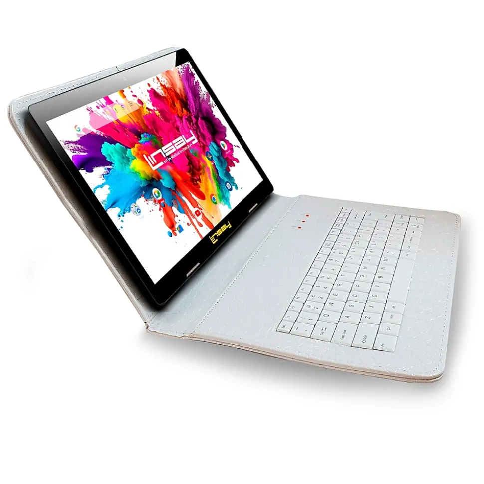 LINSAY 10.1"Octa Core Tablet, WiFi, 128GB, Andriod, White Crocodile Style Keyboard