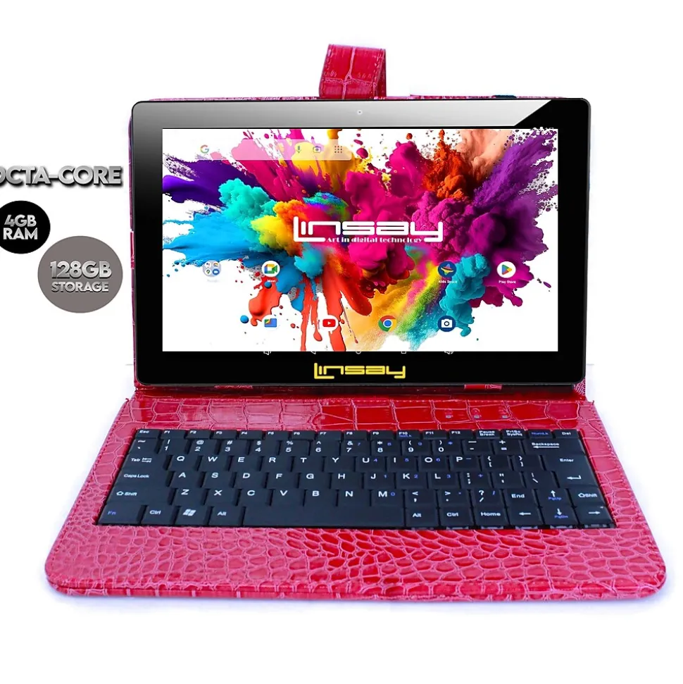 Linsay Octa Core 10.1" Tablet, 4GB RAM, 128GB Storage, Android 13, Bundled with Red Crocodile Keyboard and Stylus Pen