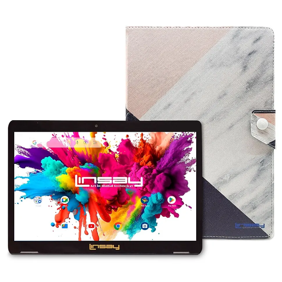 LINSAY 10.1"OCTA CORE 128GB Storage Android 13 Tablet with Black Pink White Marble Case and Pen Stylus
