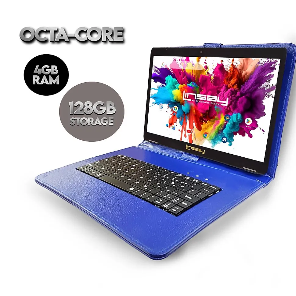 LINSAY 10.1"OCTA CORE 128GB Storage Android 13 Tablet with Blue Style Keyboard and Pen Stylus