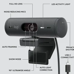 Logitech Brio 505 HD 1080p Webcam, 4 Megapixels, Graphite (960-001522)