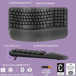 Logitech Ergo Series Wave Keys Wireless Ergonomic Keyboard, Graphite (920-011898)