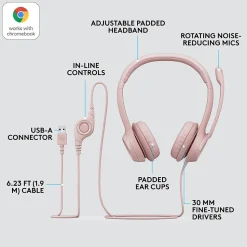 Logitech H390 Wired Headset For PC/Laptop, Rose Noise Canceling Stereo Computer Headset, USB-A (981-001280)