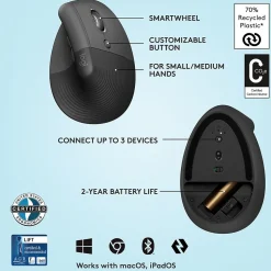 Logitech Lift Vertical Wireless Ergonomic Vertical Optical Bluetooth & USB Mouse, Graphite (910-006466)