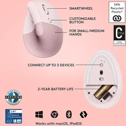 Logitech Lift Wireless Ergonomic Vertical Optical Bluetooth & USB Mouse, Rose (910-006472)