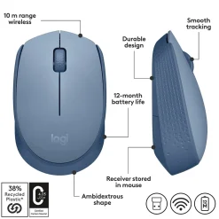 Logitech M170 Wireless Ambidextrous Optical Mouse, Blue/Gray (910-006863)