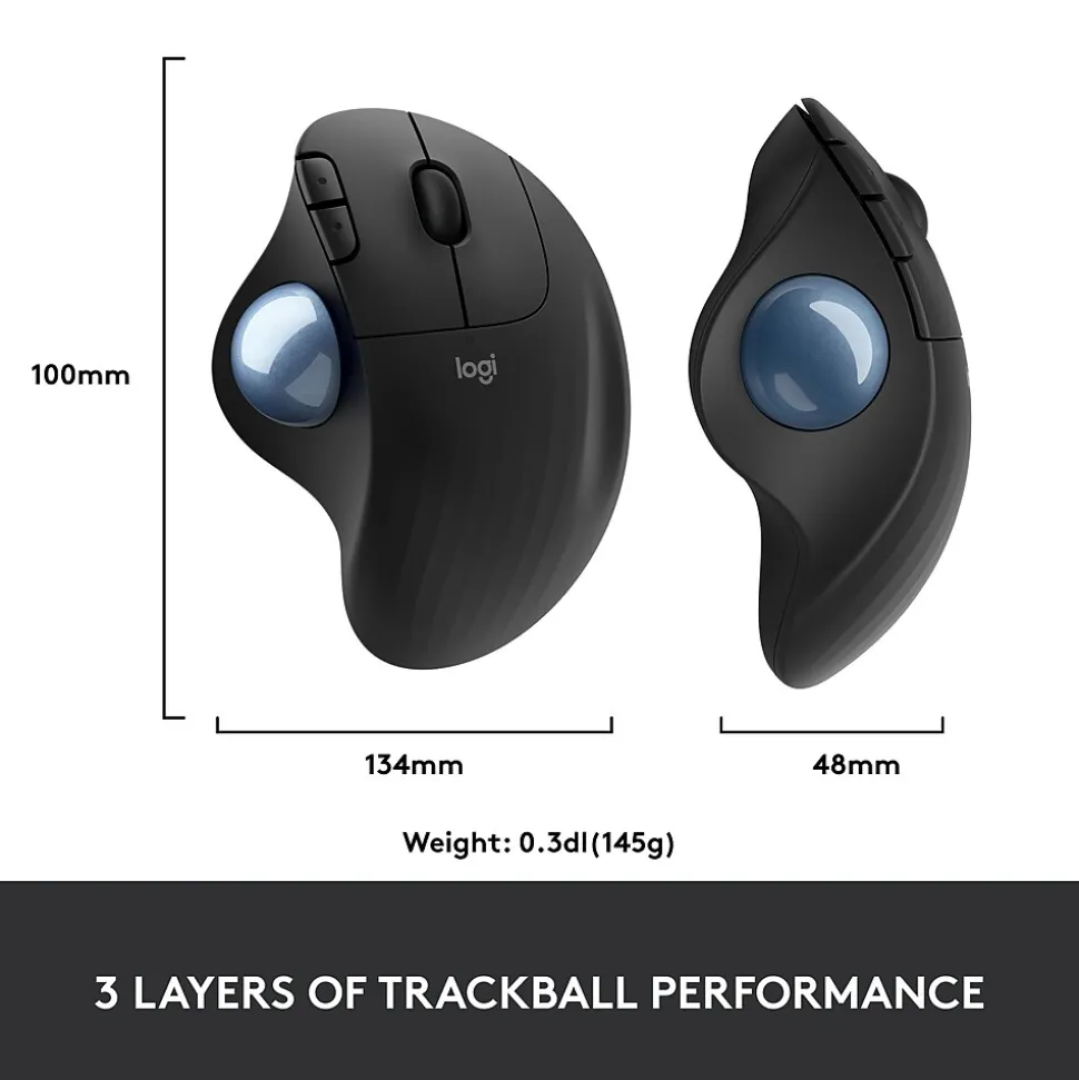 Logitech M575 Wireless Ergonomic Trackball Bluetooth & USB Mouse, Black (910-005869)