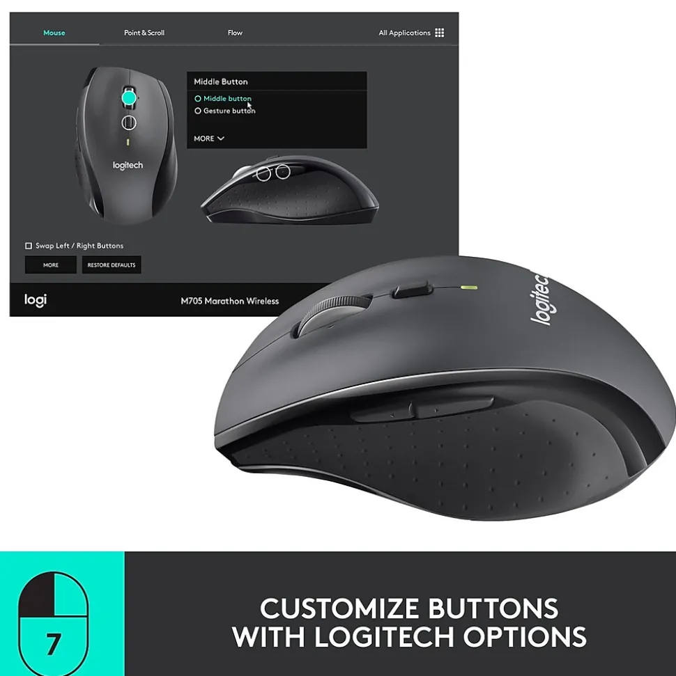 Logitech Marathon M705 Wireless Ergonomic Optical USB Mouse, Charcoal (910-001935)
