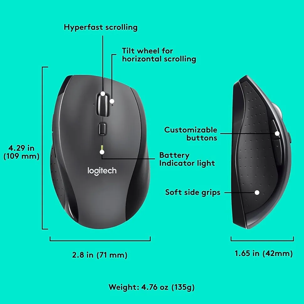 Logitech Marathon M705 Wireless Ergonomic Optical USB Mouse, Charcoal (910-001935)