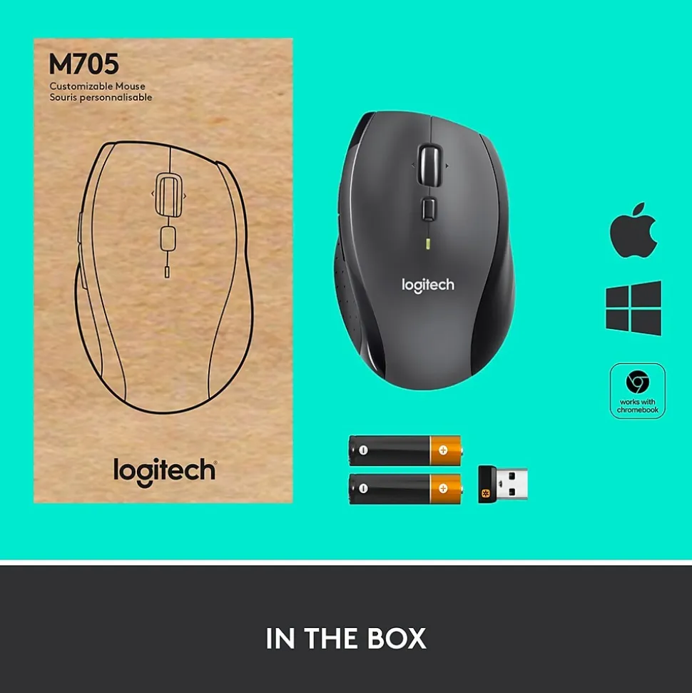 Logitech Marathon M705 Wireless Ergonomic Optical USB Mouse, Charcoal (910-001935)