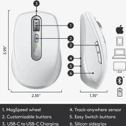 Logitech MX Anywhere 3 for Mac Ergonomic Wireless Laser Mouse, Pale Gray (910-005899)