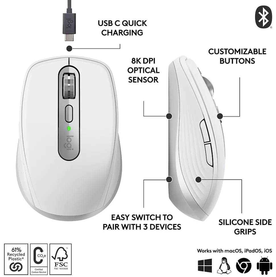 Logitech MX Anywhere 3S Wireless Optical Mouse, Pale Gray (910-006926)