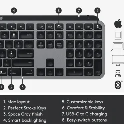 Logitech MX Keys for Mac Wireless Keyboard, Space Gray (920-009552)