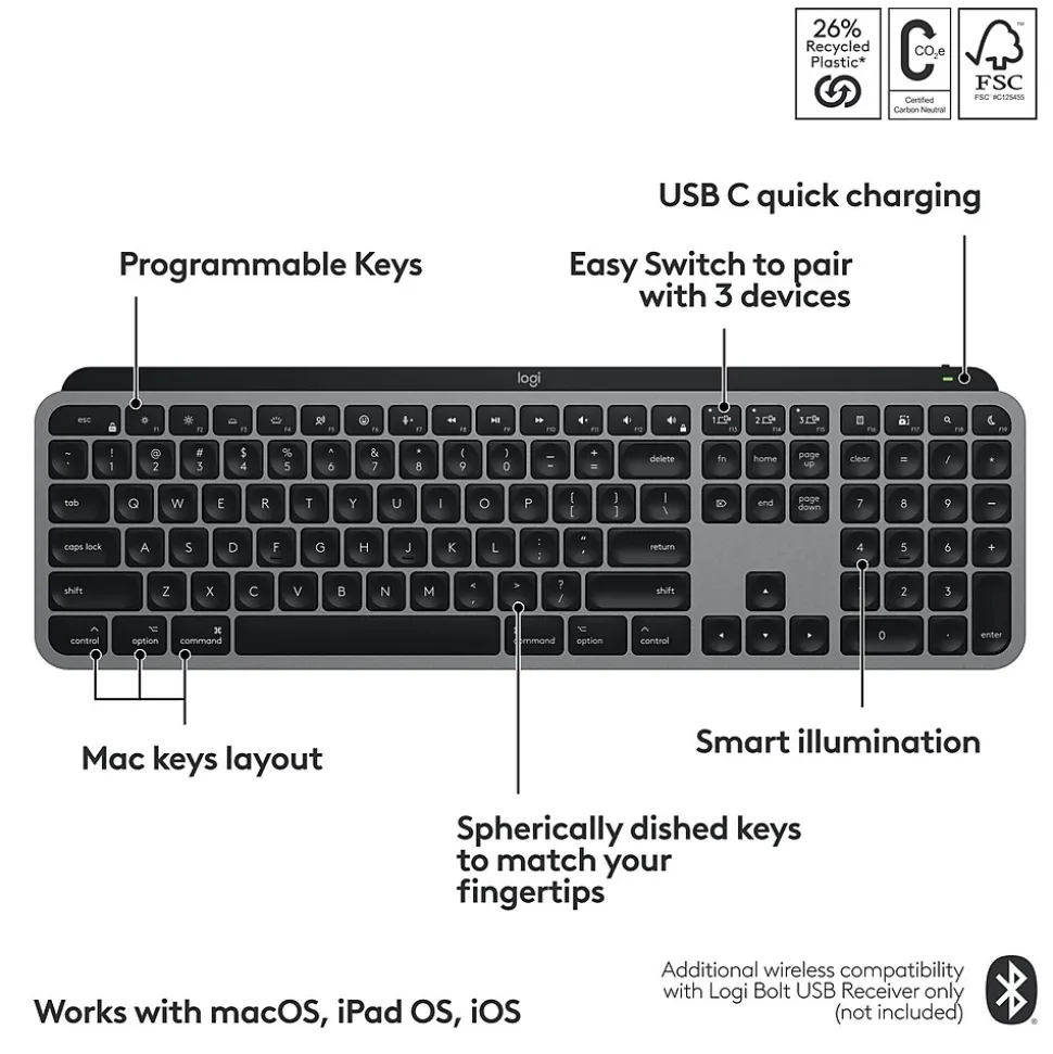 Logitech MX Keys S for Mac Wireless Keyboard, Space Gray (920-011621)