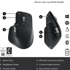Logitech MX Master 3S Wireless Ergonomic Optical Bluetooth & USB Mouse, Black (910-006556)