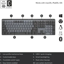 Logitech MX Mechanical Tactile Quiet Wireless Ergonomic Keyboard, Graphite (920-010547)