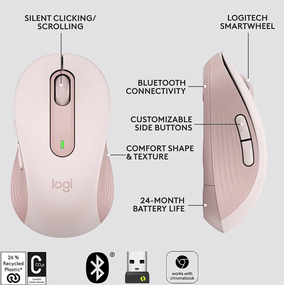 Logitech Signature M650 Wireless Ergonomic Optical Bluetooth & USB Mouse, Rose (910-006251)