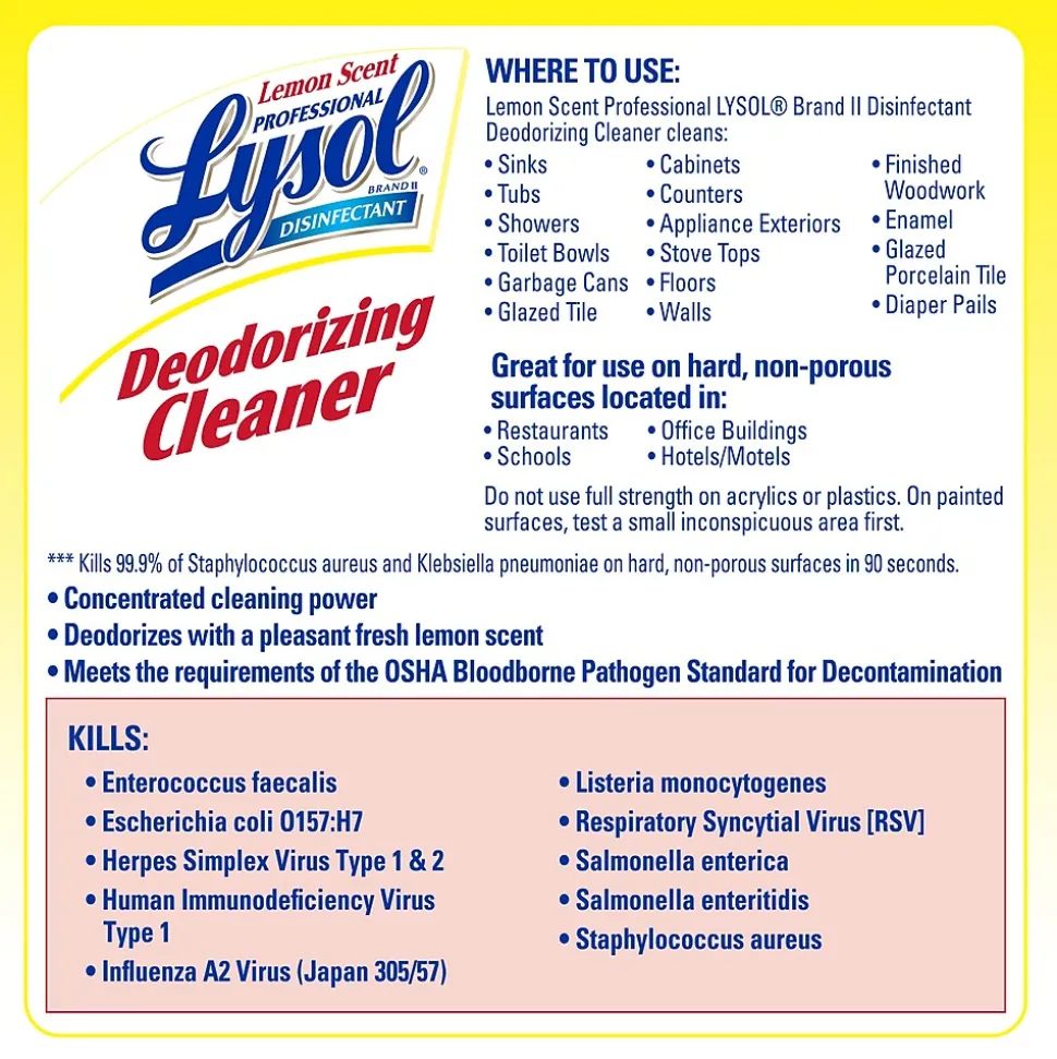 Lysol Professional Disinfecting Deodorizing Cleaner, Lemon, 128 oz., 4/Carton (3624176334CT)