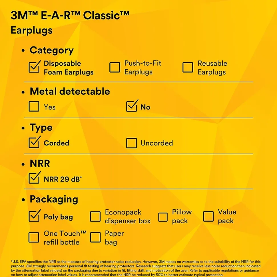 3M E-A-R Classic Earplugs, Corded, Poly Bag, 200 Pairs/Case (311-1101)