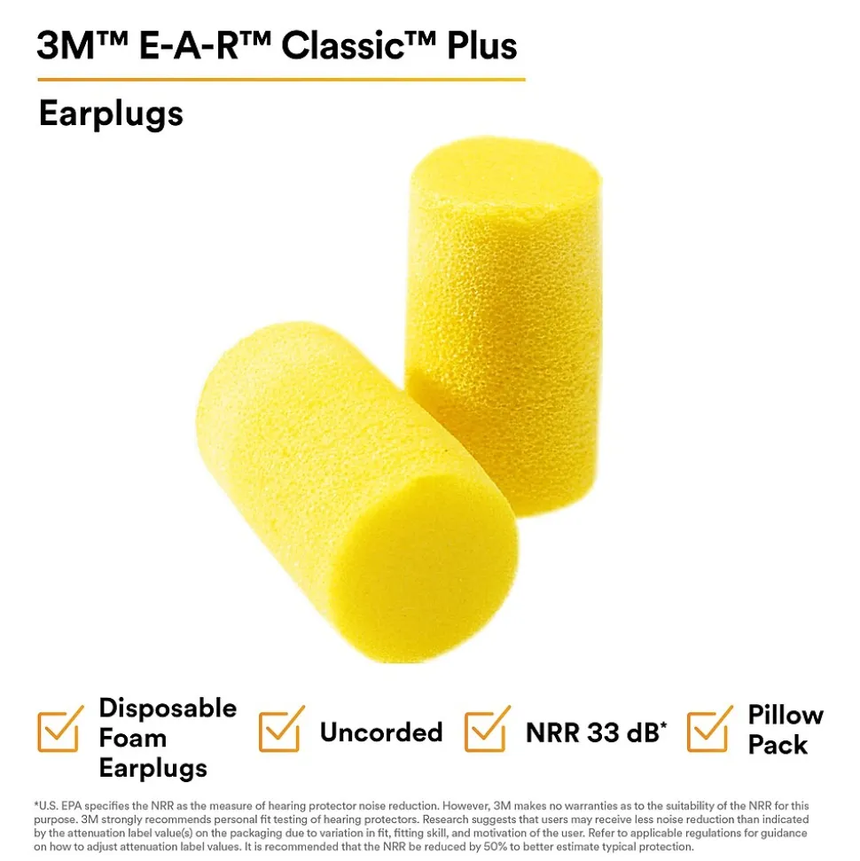 3M E-A-R Classic Plus Earplugs, Uncorded, Pillow Pack, 200 Pairs/Case (310-1101)