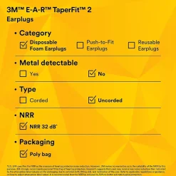 3M E-A-R TaperFit 2 Uncorded Earplugs, 200 Pairs/Box (312-1219)