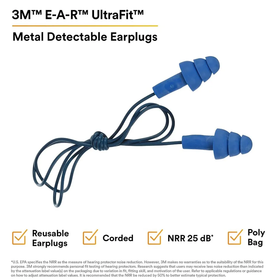 3M E-A-R UltraFit Earplugs, Metal Detectable, Corded, Poly Bag, 100 Pair/Case (340-4007)